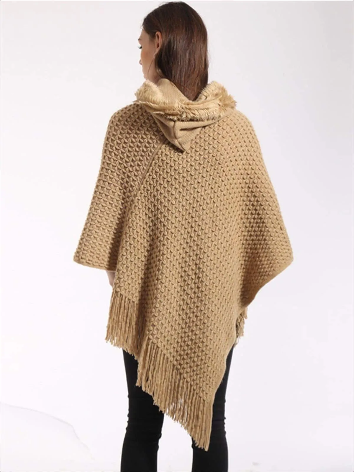 Women's Fall Knit Hooded Fringe Poncho
