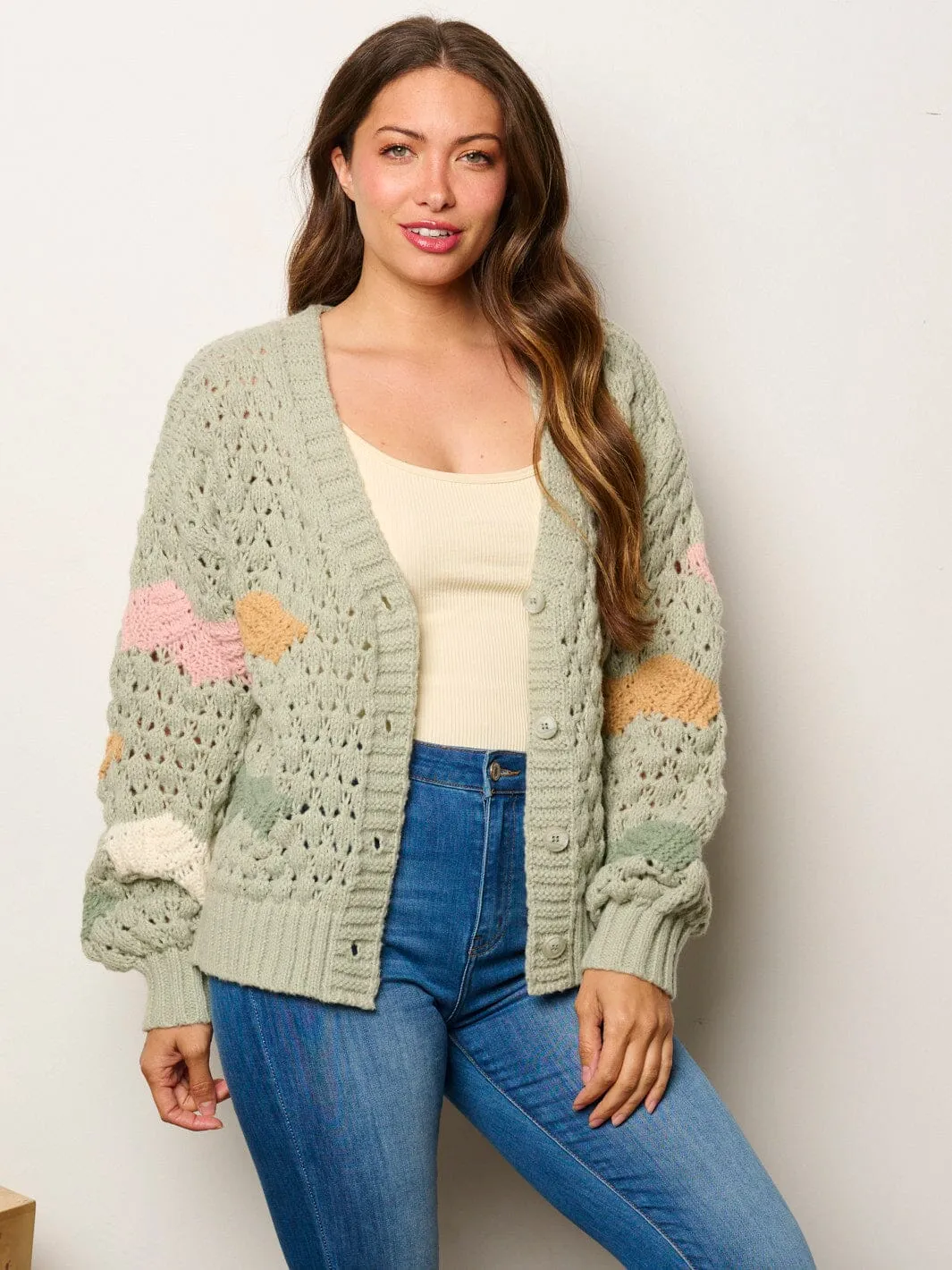 WOMEN'S LONG SLEEVE BUTTON UP COLORBLOCK KNIT SWEATER CARDIGAN