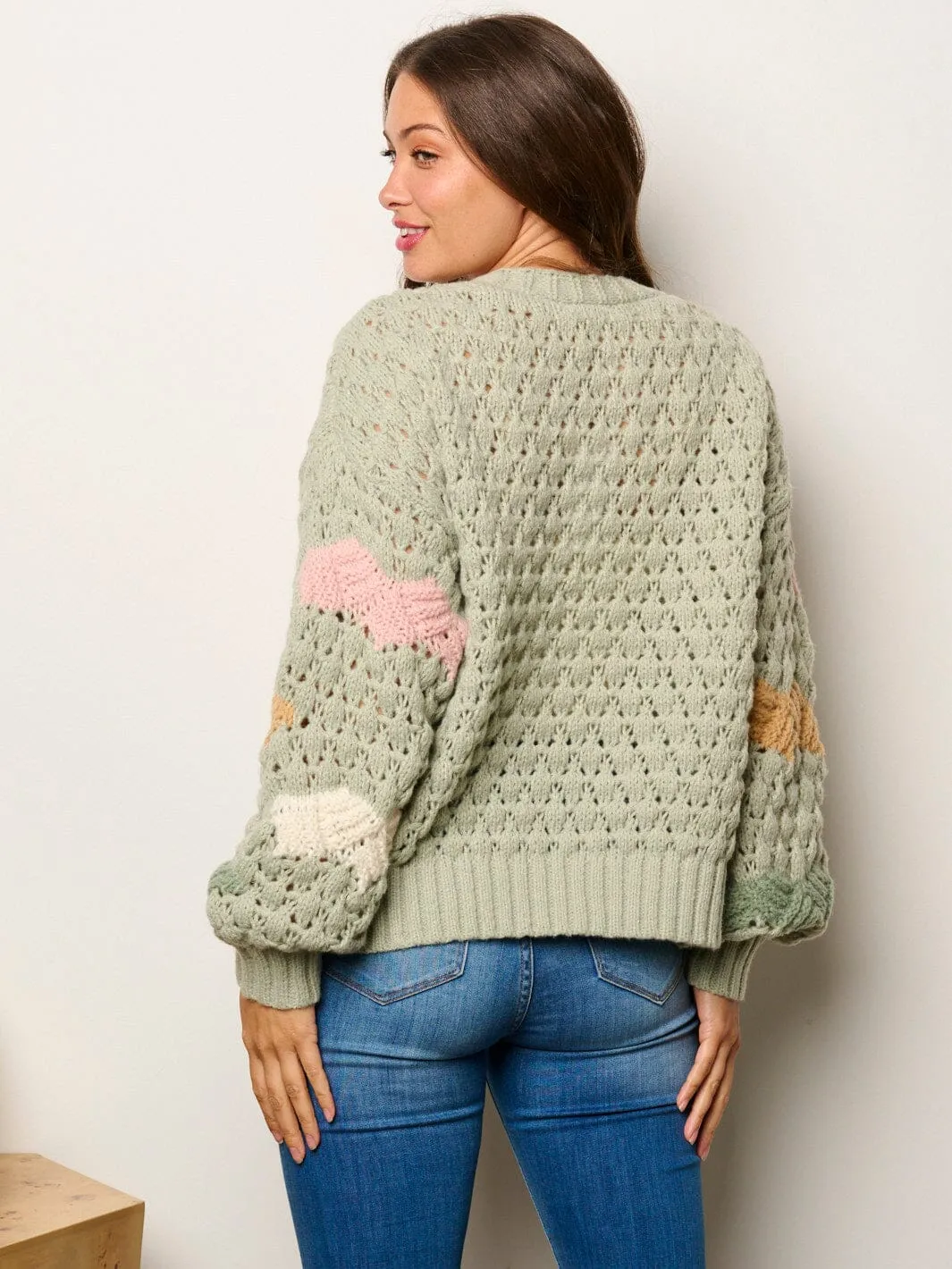 WOMEN'S LONG SLEEVE BUTTON UP COLORBLOCK KNIT SWEATER CARDIGAN
