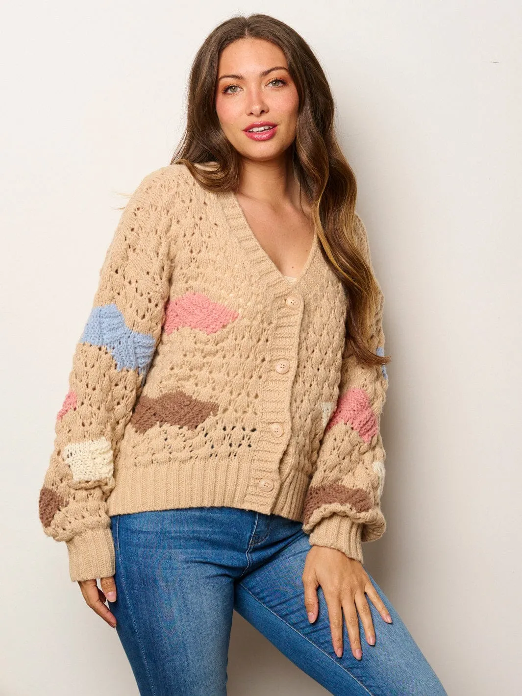 WOMEN'S LONG SLEEVE BUTTON UP COLORBLOCK KNIT SWEATER CARDIGAN