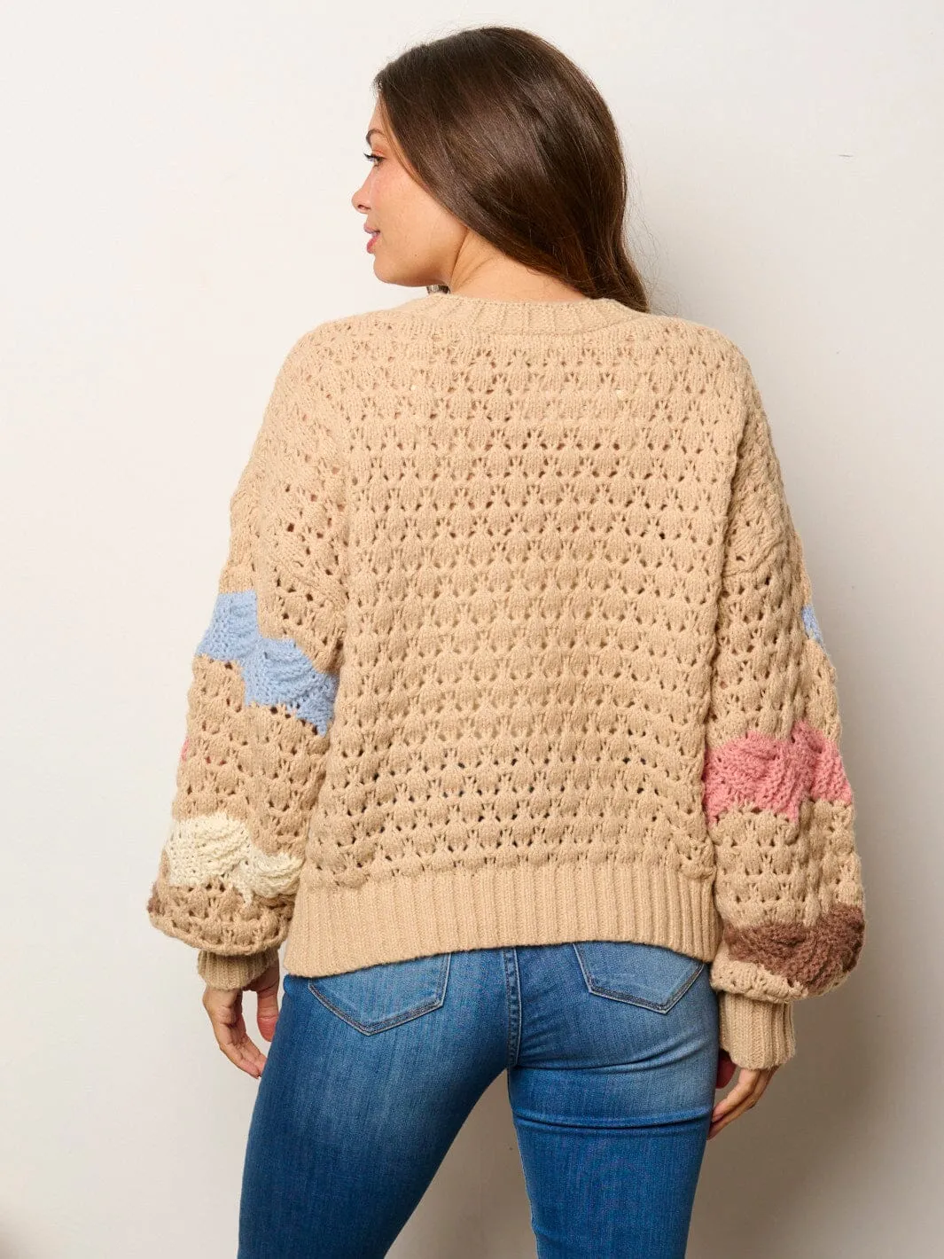 WOMEN'S LONG SLEEVE BUTTON UP COLORBLOCK KNIT SWEATER CARDIGAN