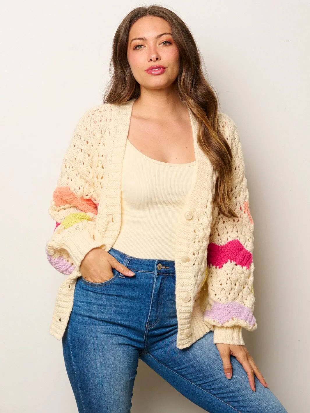 WOMEN'S LONG SLEEVE BUTTON UP COLORBLOCK KNIT SWEATER CARDIGAN