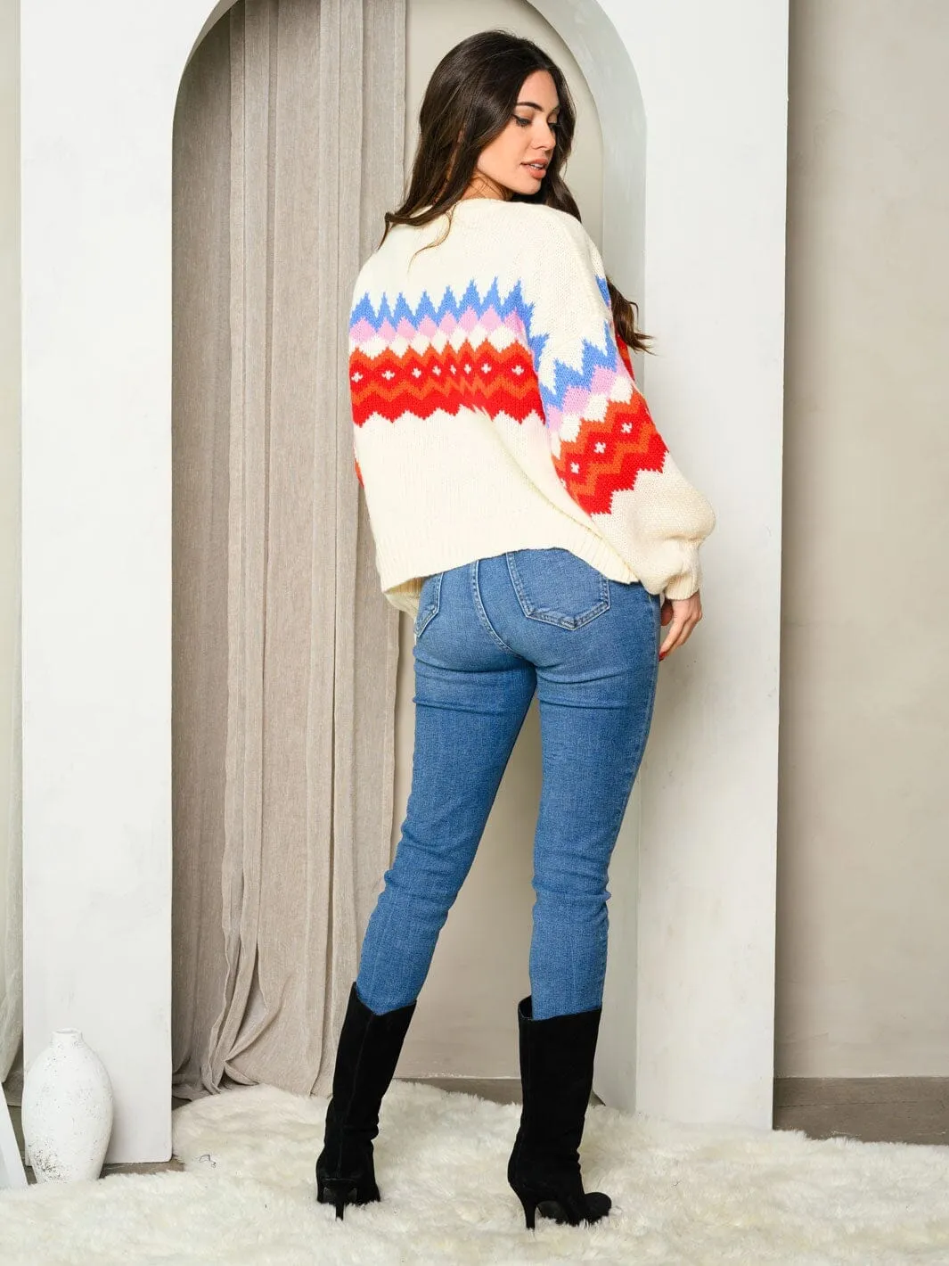 WOMEN'S LONG SLEEVE COLORBLOCK KNIT PRINTED PULLOVER SWEATER