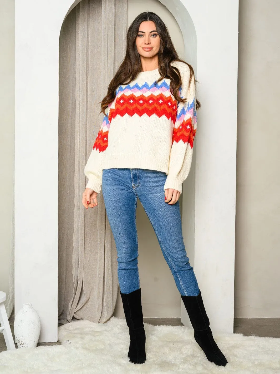 WOMEN'S LONG SLEEVE COLORBLOCK KNIT PRINTED PULLOVER SWEATER