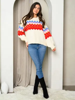 WOMEN'S LONG SLEEVE COLORBLOCK KNIT PRINTED PULLOVER SWEATER