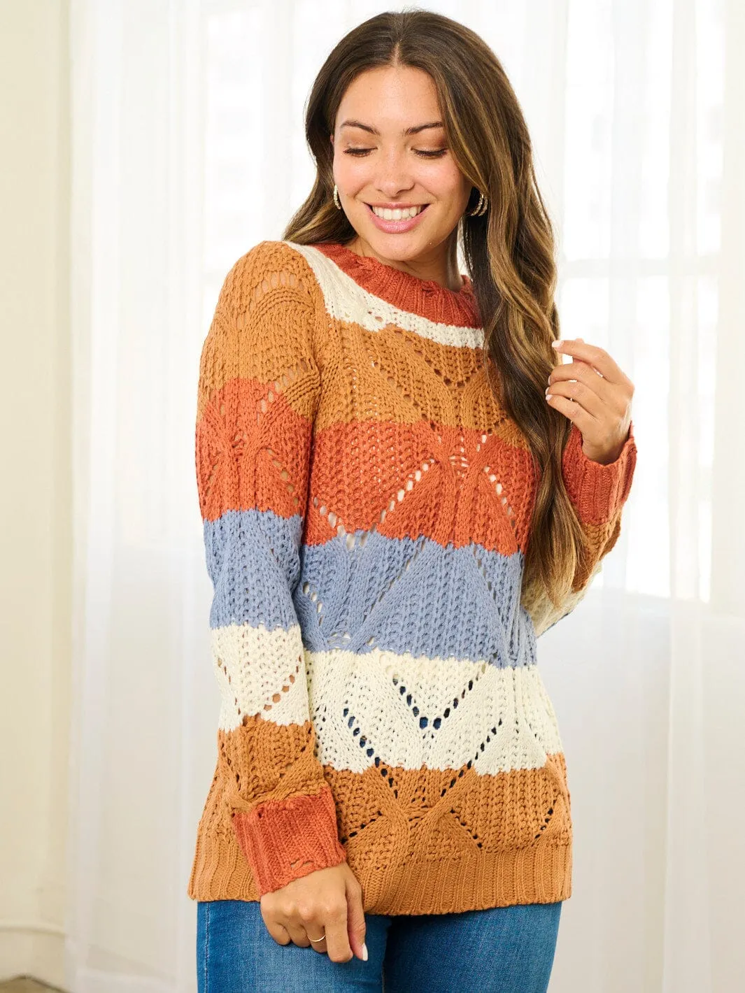WOMEN'S LONG SLEEVE COLORBLOCK KNIT PULLOVER SWEATER