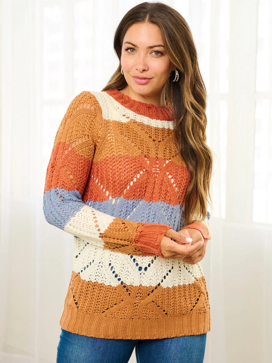 WOMEN'S LONG SLEEVE COLORBLOCK KNIT PULLOVER SWEATER