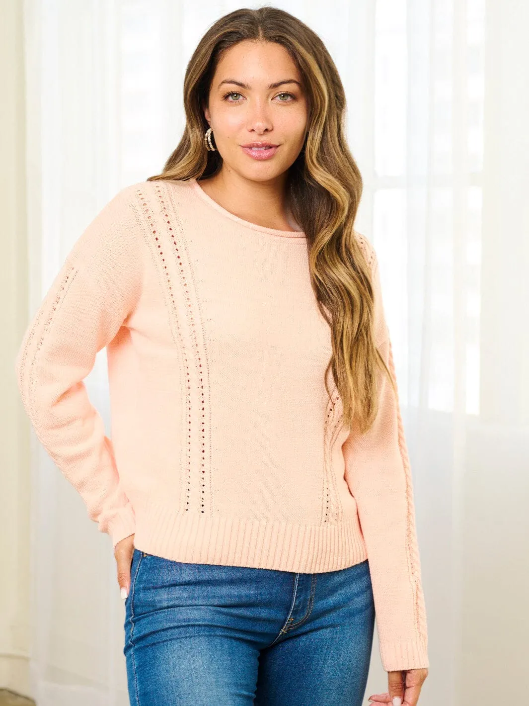 WOMEN'S LONG SLEEVE EYELET DETAILED PULLOVER SWEATER