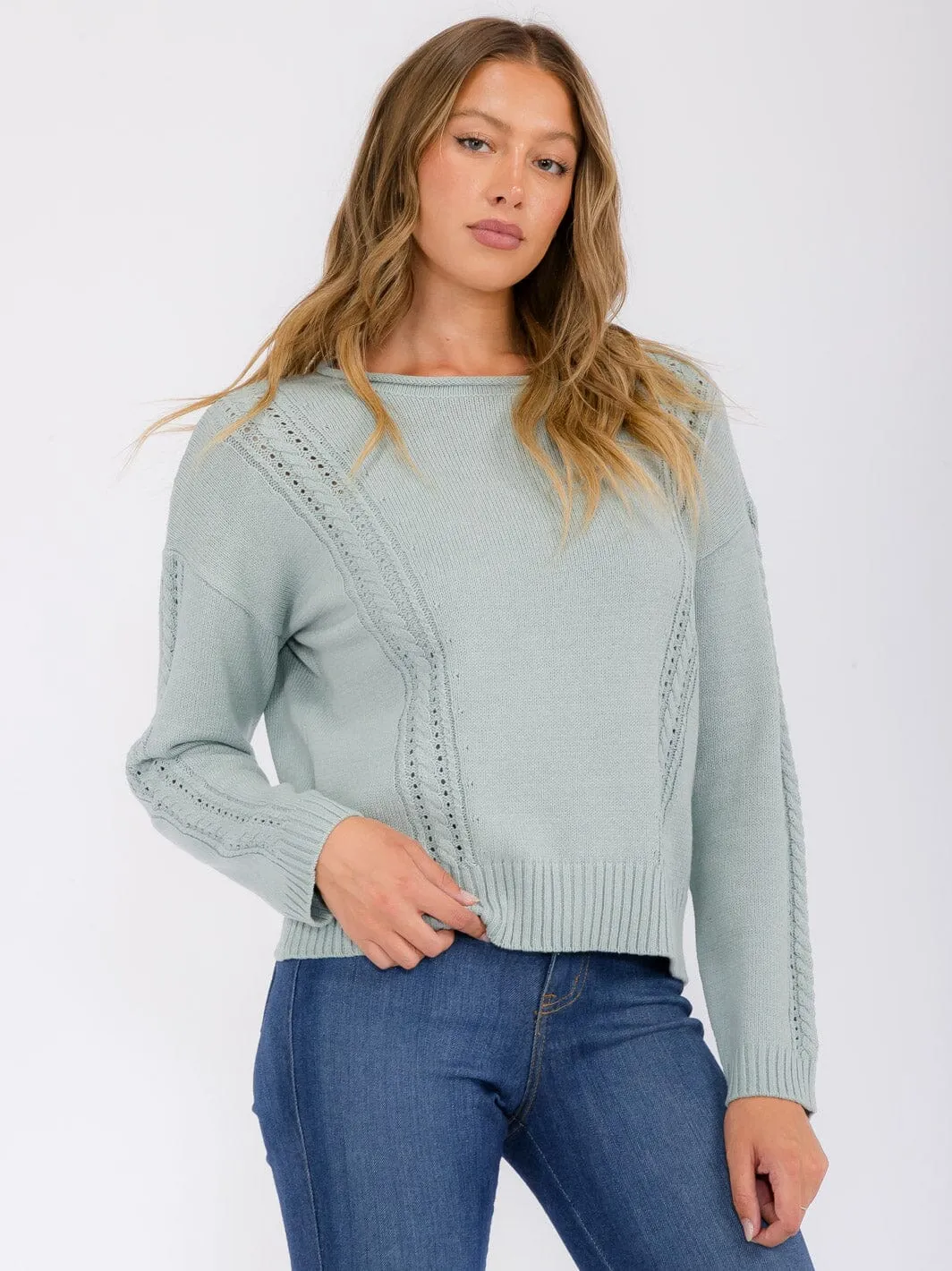 WOMEN'S LONG SLEEVE EYELET DETAILED PULLOVER SWEATER