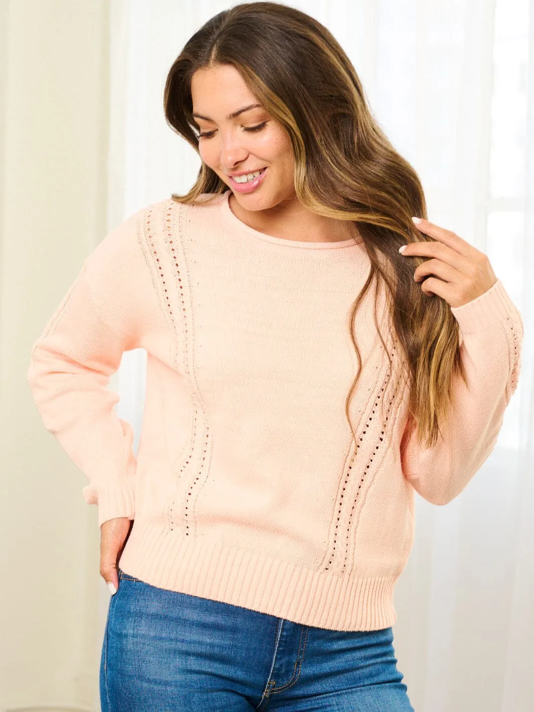 WOMEN'S LONG SLEEVE EYELET DETAILED PULLOVER SWEATER