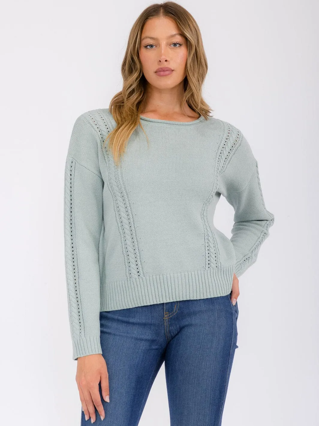 WOMEN'S LONG SLEEVE EYELET DETAILED PULLOVER SWEATER