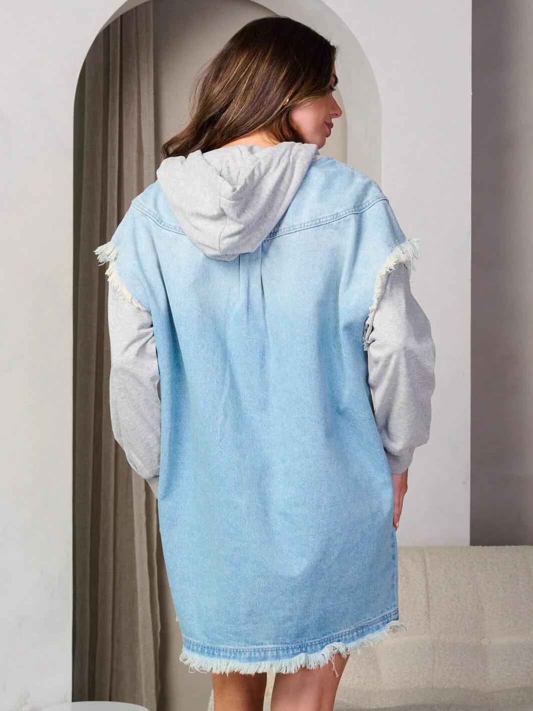 WOMEN'S LONG SLEEVE FRONT POCKETS HOODED DENIM MINI DRESS