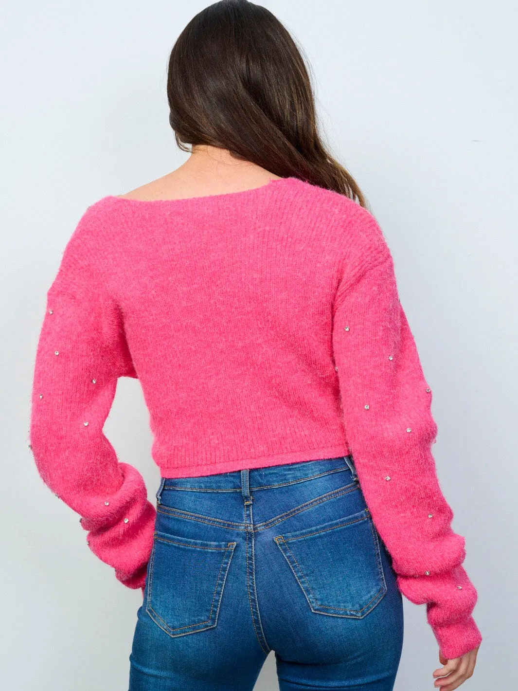 WOMEN'S LONG SLEEVE FRONT TWIST STUDS DETAILED SWEATER