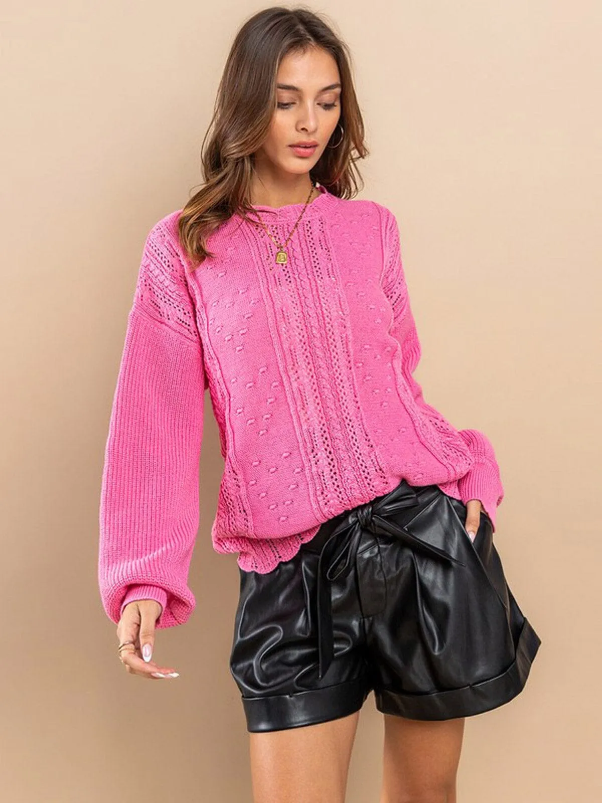 WOMEN'S LONG SLEEVE TRIM DETAILED KNIT SWEATER