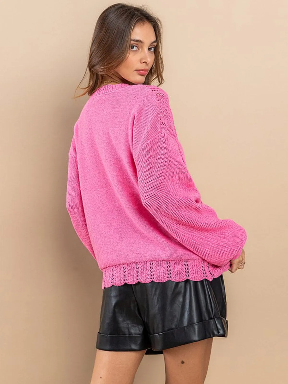 WOMEN'S LONG SLEEVE TRIM DETAILED KNIT SWEATER