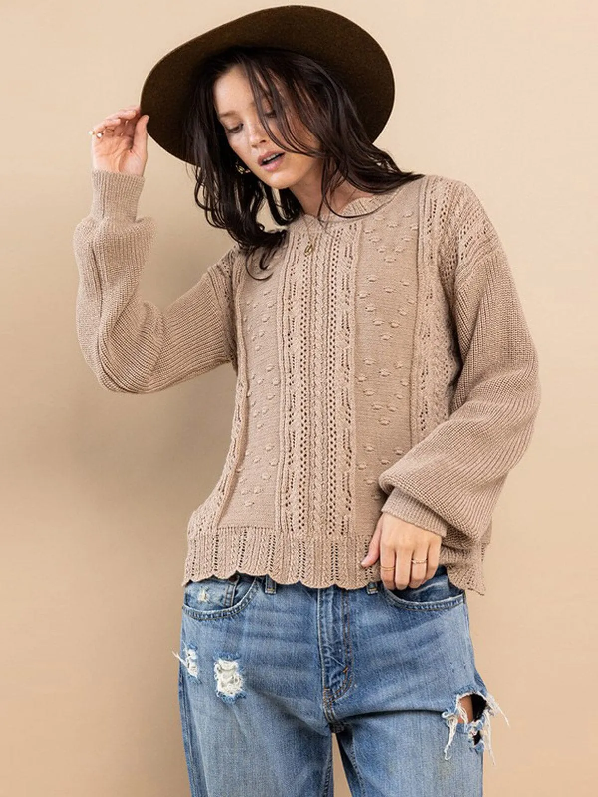 WOMEN'S LONG SLEEVE TRIM DETAILED KNIT SWEATER