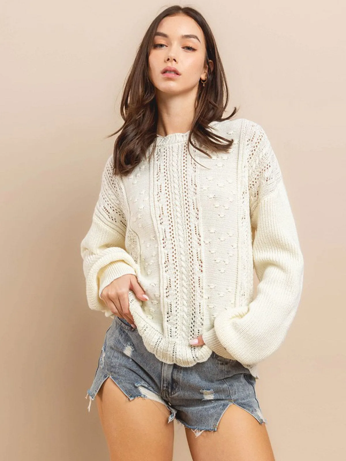 WOMEN'S LONG SLEEVE TRIM DETAILED KNIT SWEATER