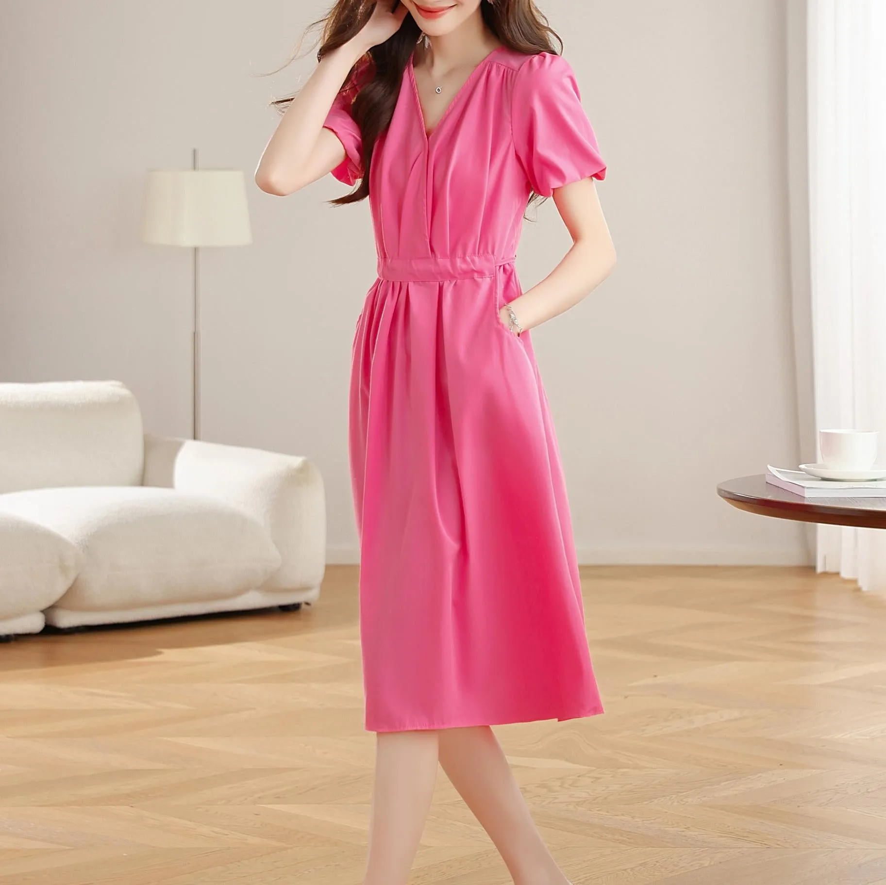 Women's Mid-Length Dress with Elastic Waist and In-Seam Pockets