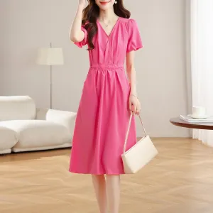 Women's Mid-Length Dress with Elastic Waist and In-Seam Pockets
