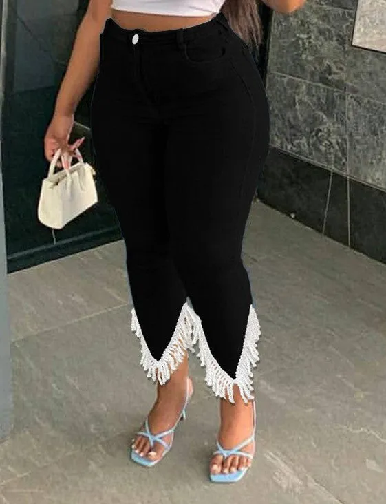 Women's Skinny Capri length Jeans with Fringe