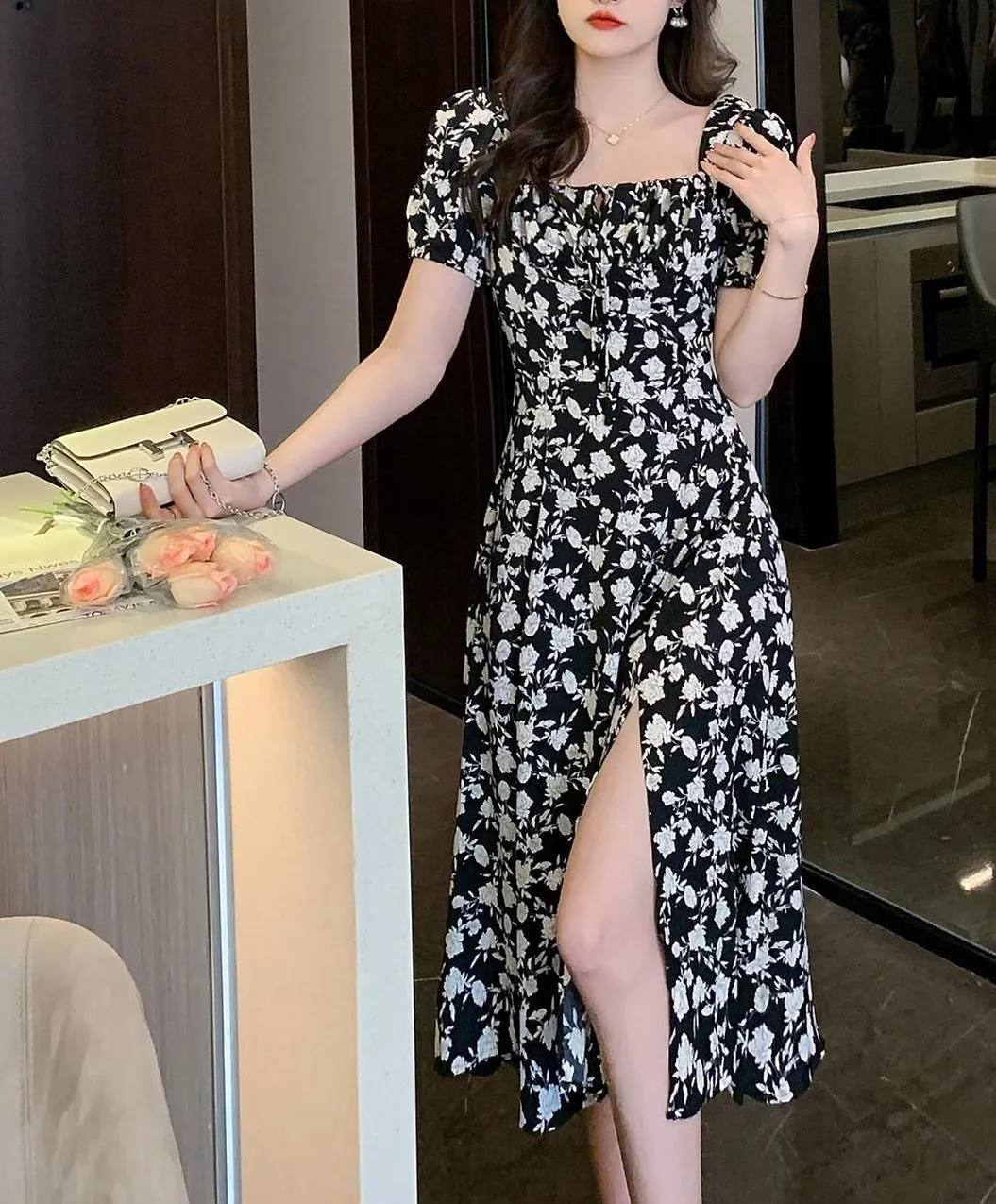 Women's Stunning Floral Print Tea Tea Dress with Split Thigh