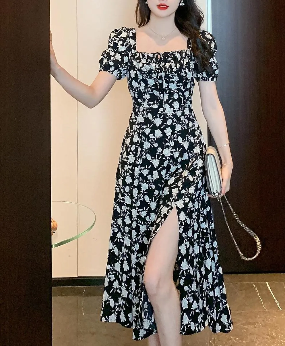 Women's Stunning Floral Print Tea Tea Dress with Split Thigh