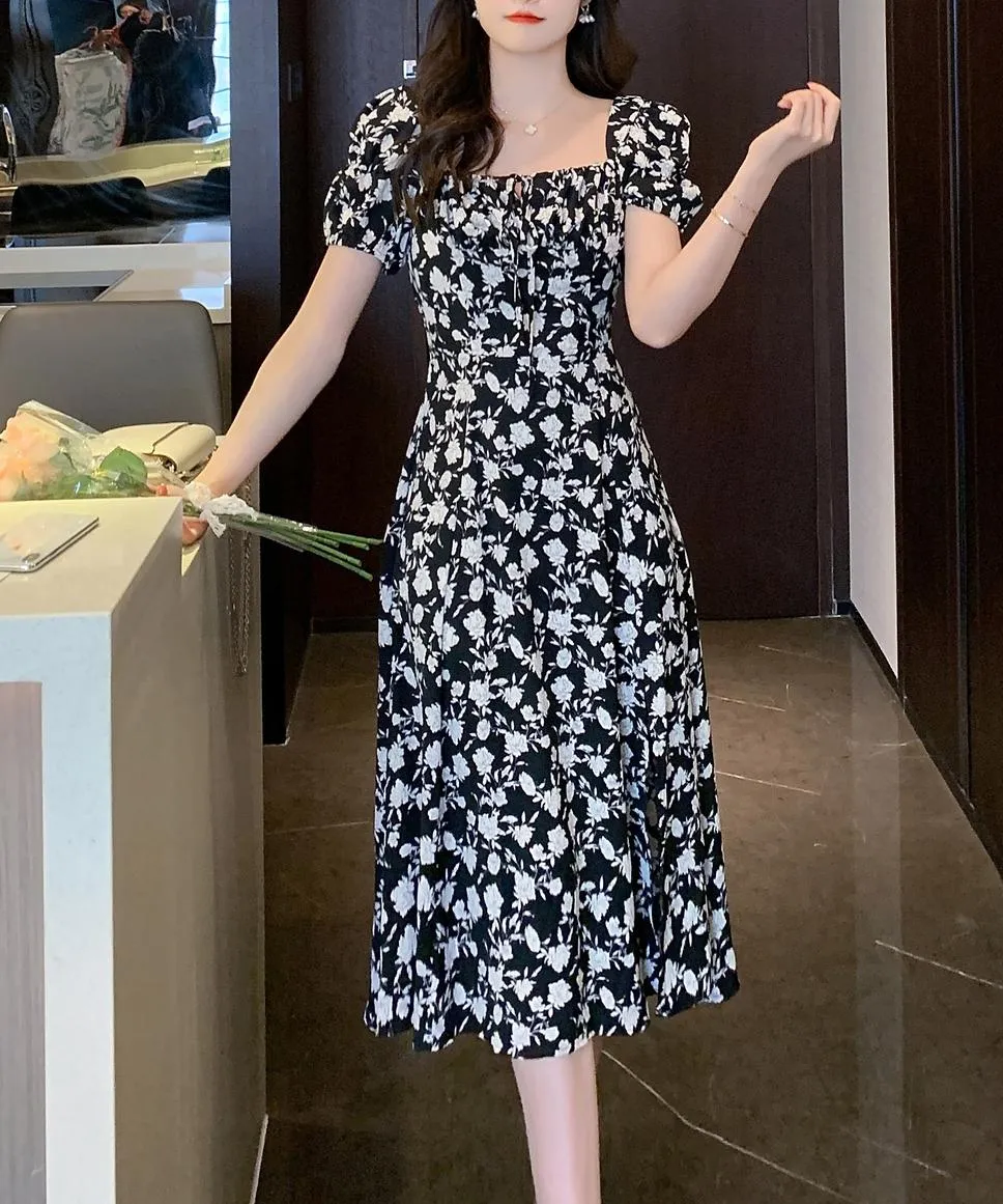 Women's Stunning Floral Print Tea Tea Dress with Split Thigh