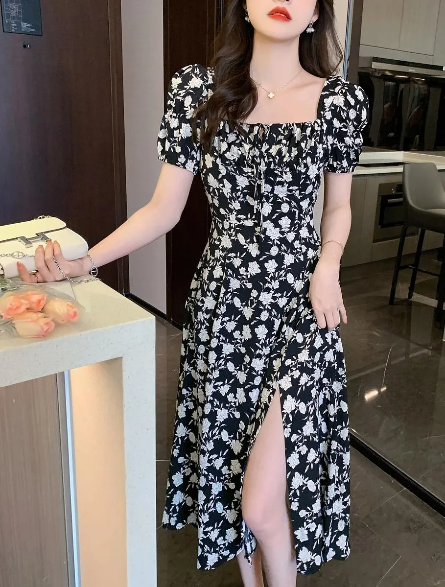 Women's Stunning Floral Print Tea Tea Dress with Split Thigh