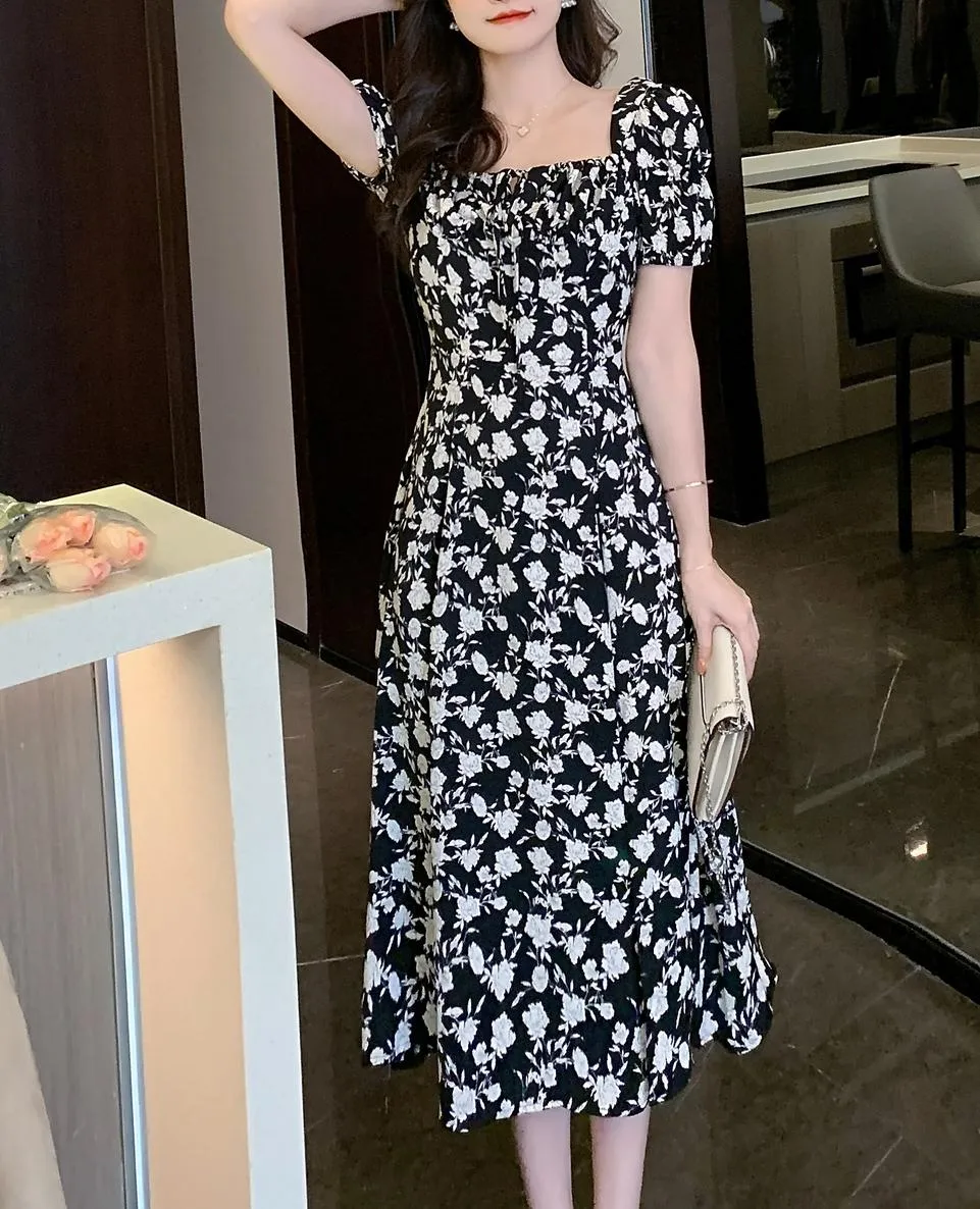Women's Stunning Floral Print Tea Tea Dress with Split Thigh
