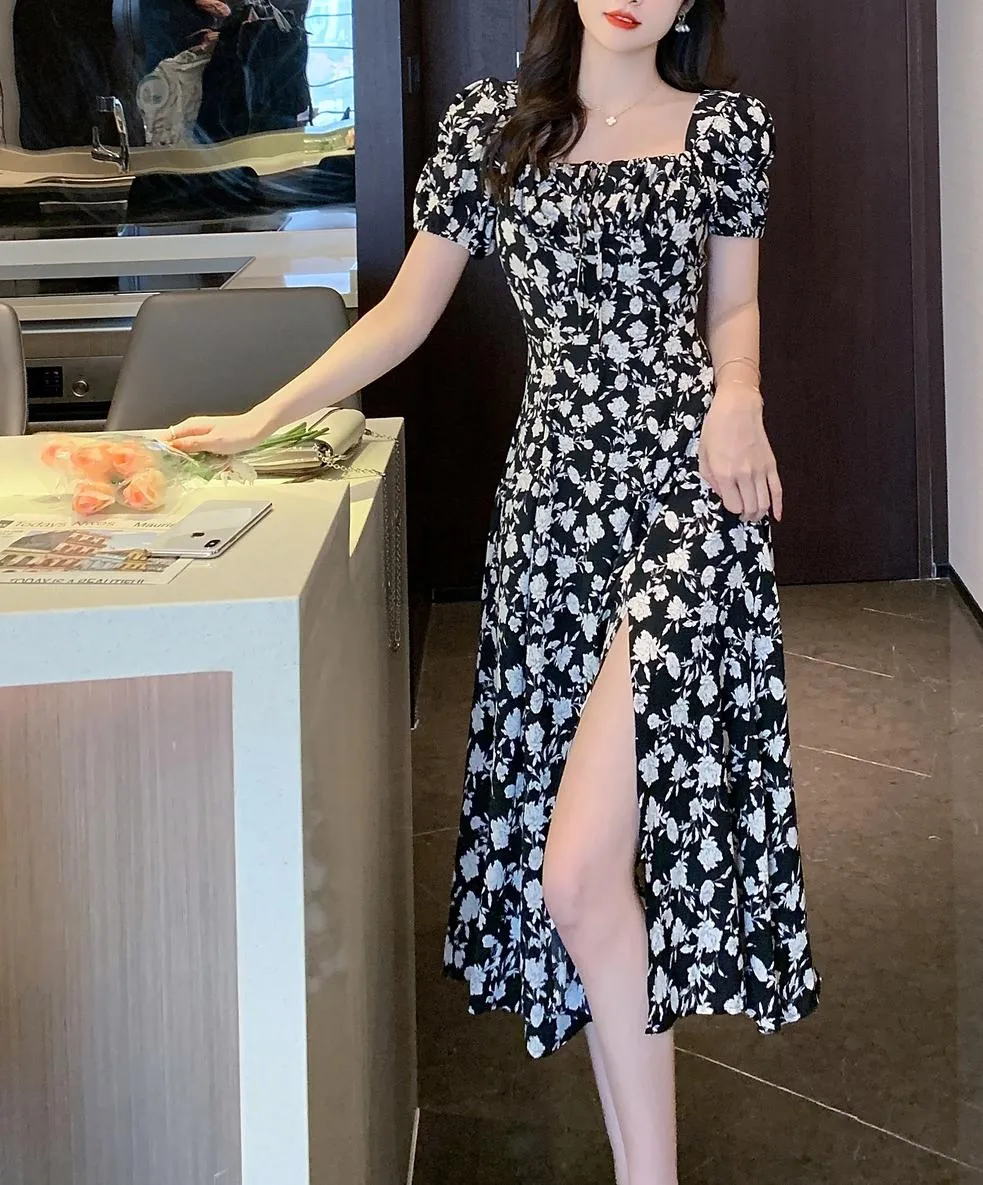 Women's Stunning Floral Print Tea Tea Dress with Split Thigh