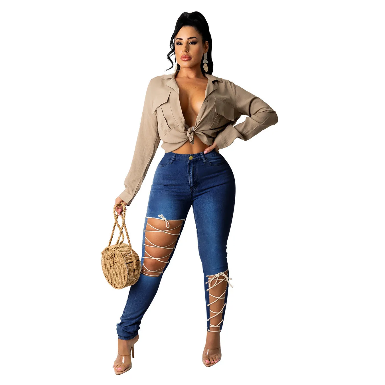 Women's Tight Fitting Skinny Jeans with Criss-Cross Laces