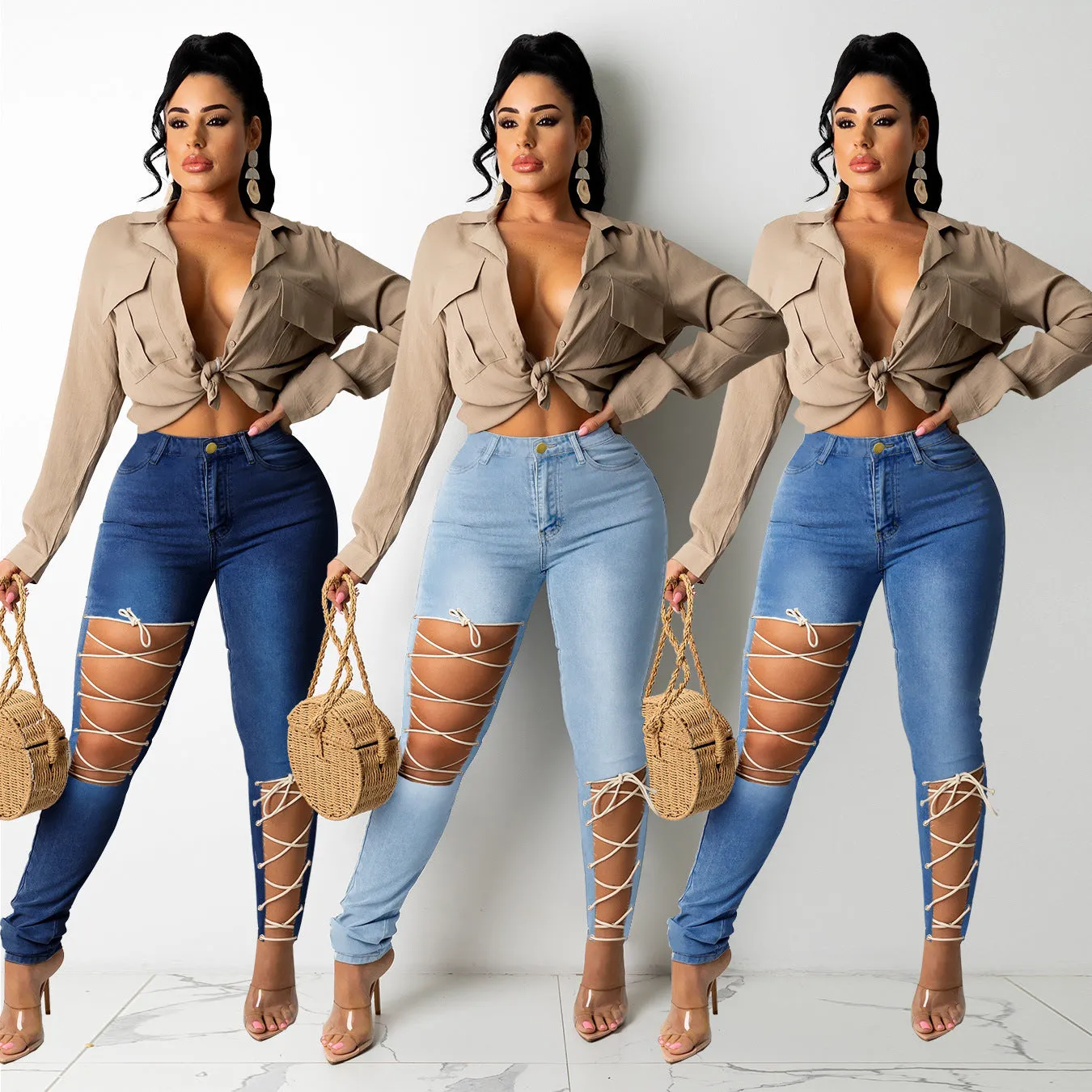 Women's Tight Fitting Skinny Jeans with Criss-Cross Laces