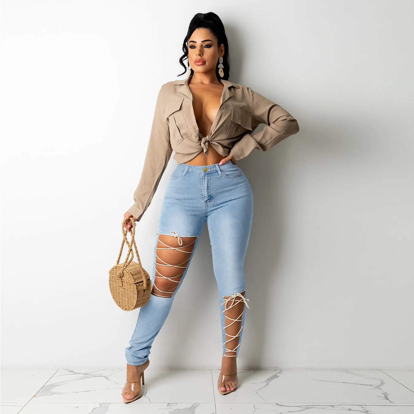 Women's Tight Fitting Skinny Jeans with Criss-Cross Laces