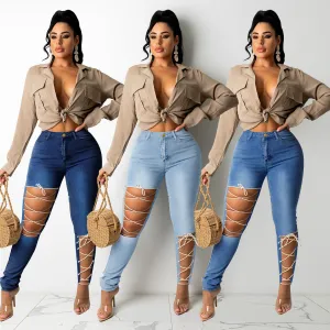 Women's Tight Fitting Skinny Jeans with Criss-Cross Laces