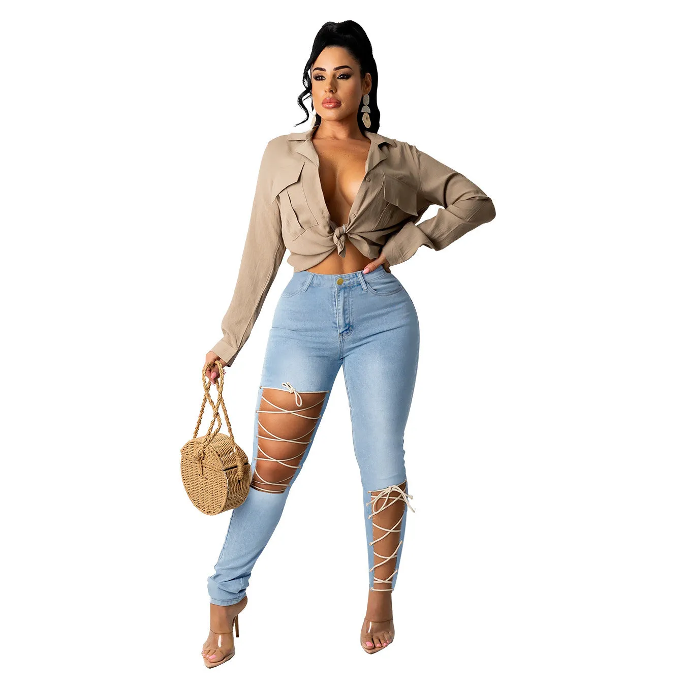 Women's Tight Fitting Skinny Jeans with Criss-Cross Laces