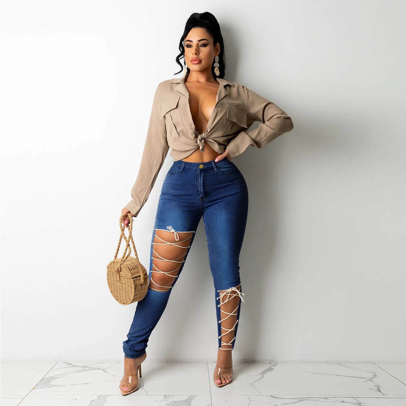 Women's Tight Fitting Skinny Jeans with Criss-Cross Laces