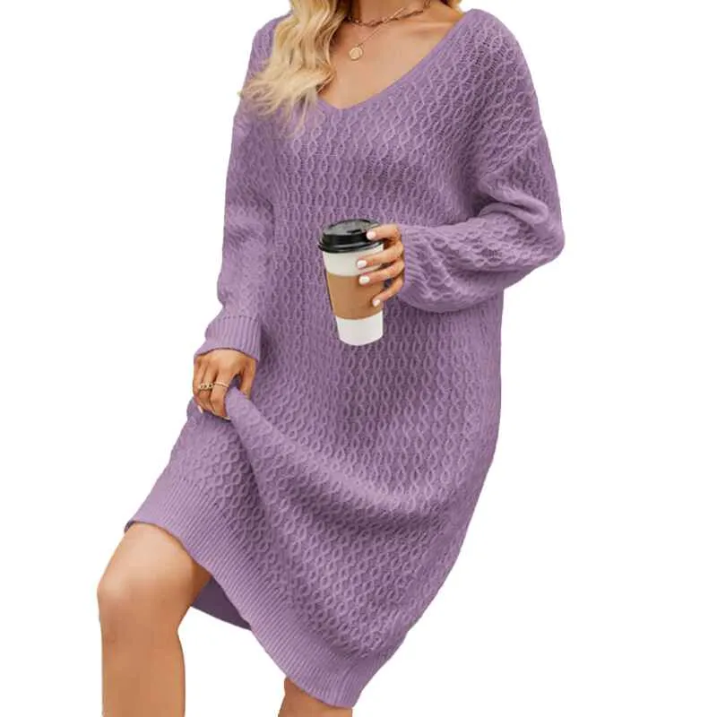 Womens V Neck Elasticity Slim Dress Chunky Cable Knit Pullover Sweaters Jumper K586