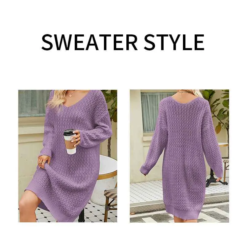 Womens V Neck Elasticity Slim Dress Chunky Cable Knit Pullover Sweaters Jumper K586