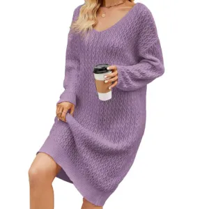 Womens V Neck Elasticity Slim Dress Chunky Cable Knit Pullover Sweaters Jumper K586