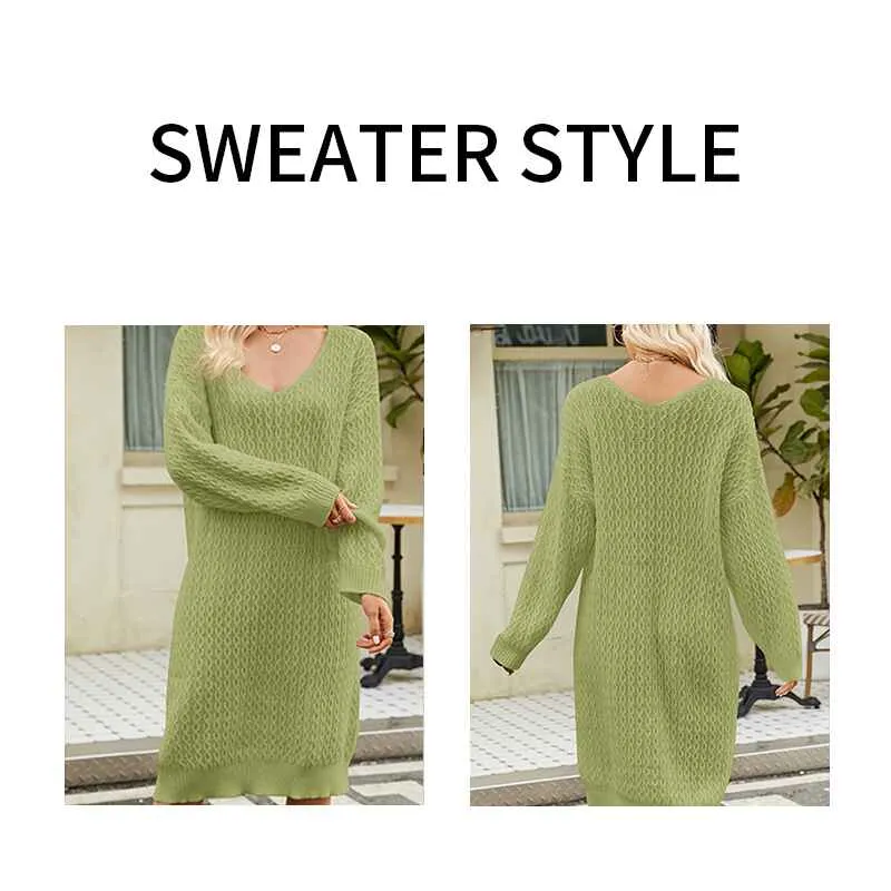 Womens V Neck Elasticity Slim Dress Chunky Cable Knit Pullover Sweaters Jumper K586