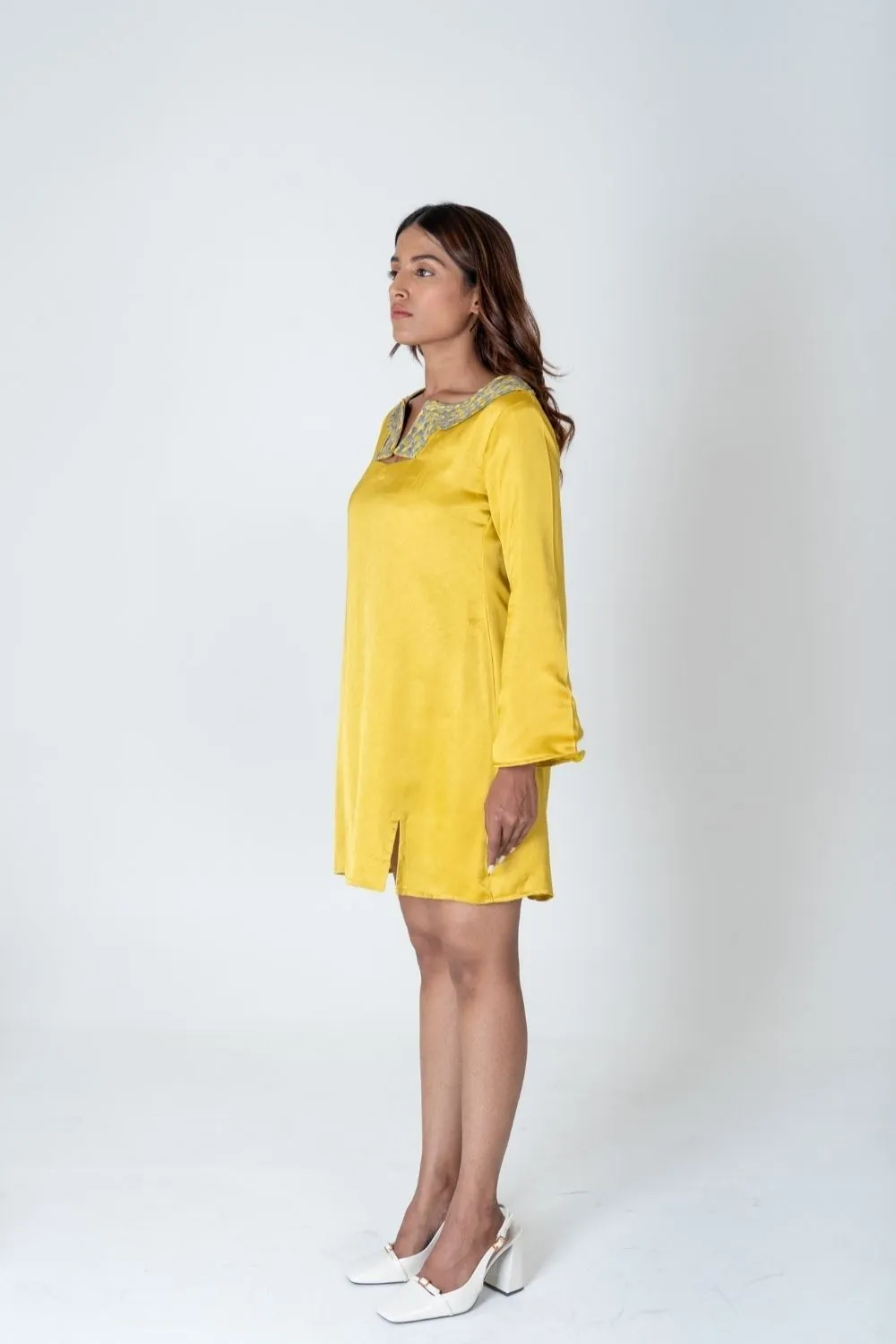 Yellow-Green Braided Collar Short Dress