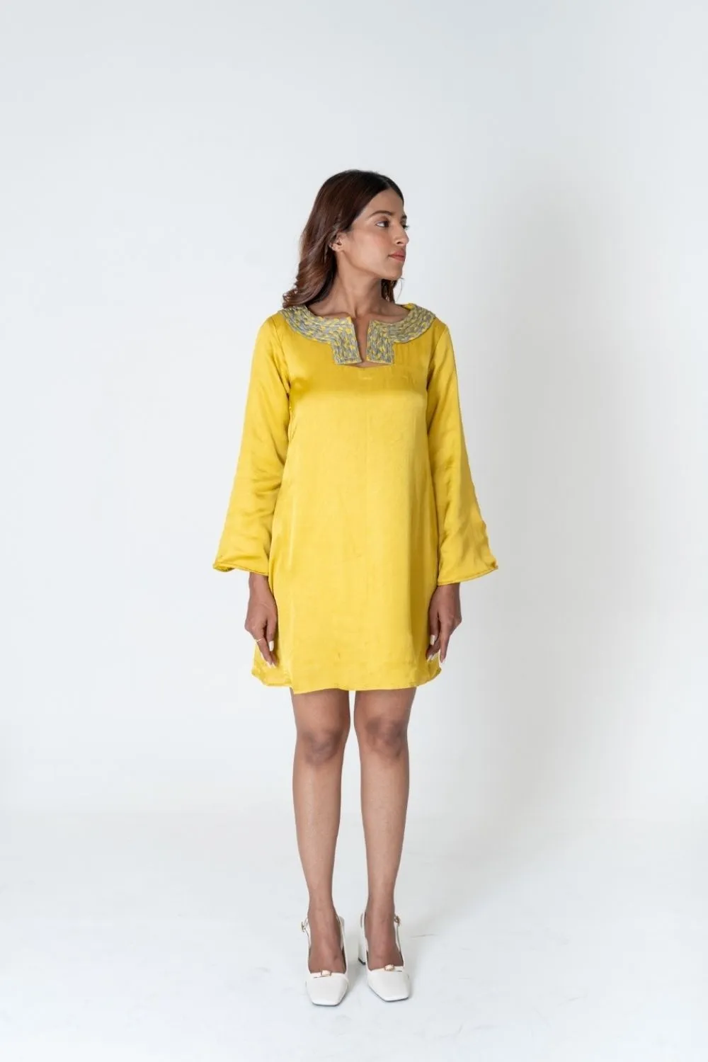 Yellow-Green Braided Collar Short Dress