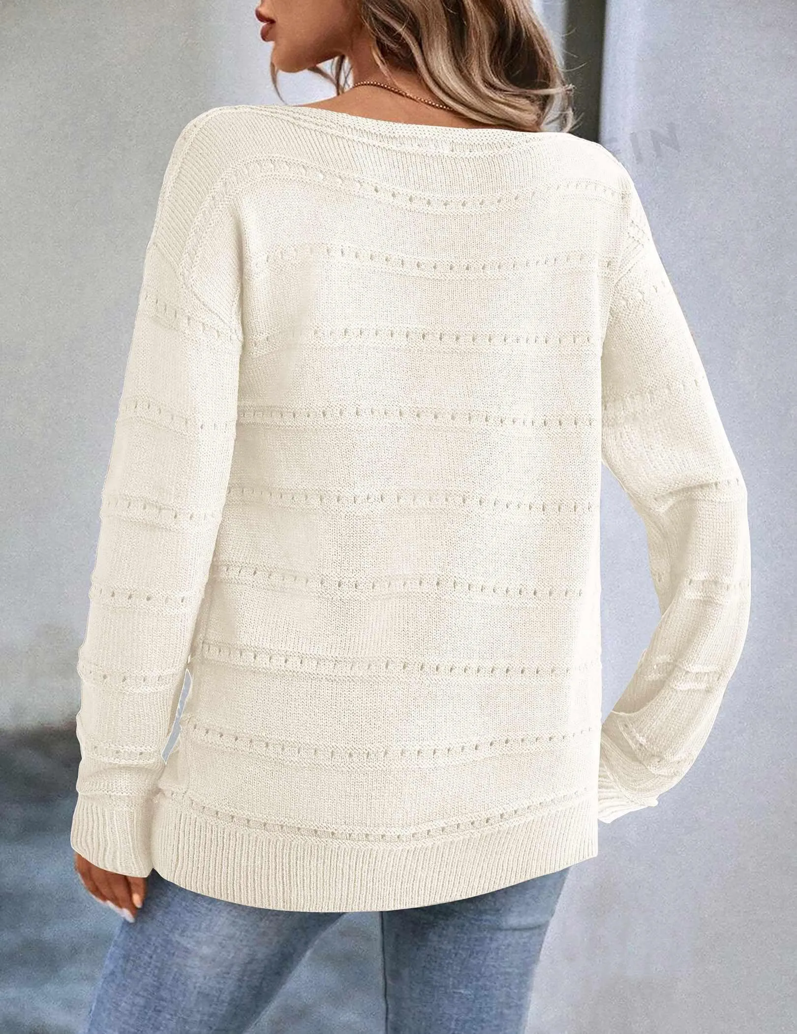 Zeagoo Oversized Sweaters for Women Trendy Hollow Out Crewneck Long Sleeve Pullover Tops Fall Outfits Fashion 2024 A-White