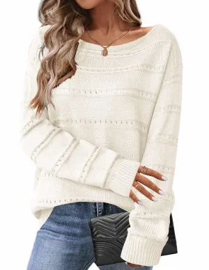 Zeagoo Oversized Sweaters for Women Trendy Hollow Out Crewneck Long Sleeve Pullover Tops Fall Outfits Fashion 2024 A-White