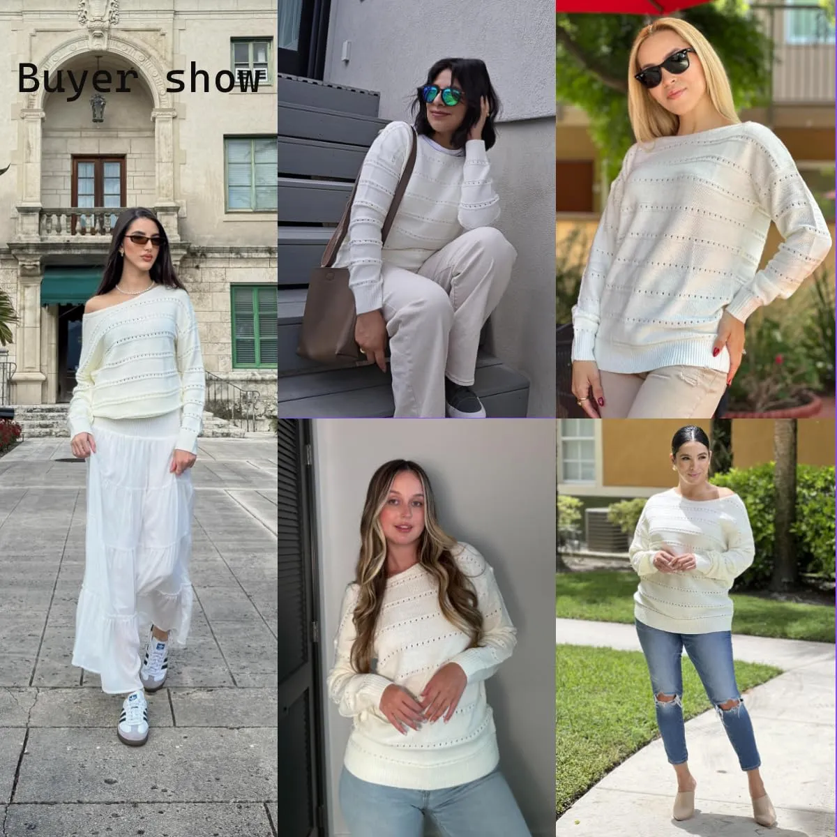 Zeagoo Oversized Sweaters for Women Trendy Hollow Out Crewneck Long Sleeve Pullover Tops Fall Outfits Fashion 2024 A-White