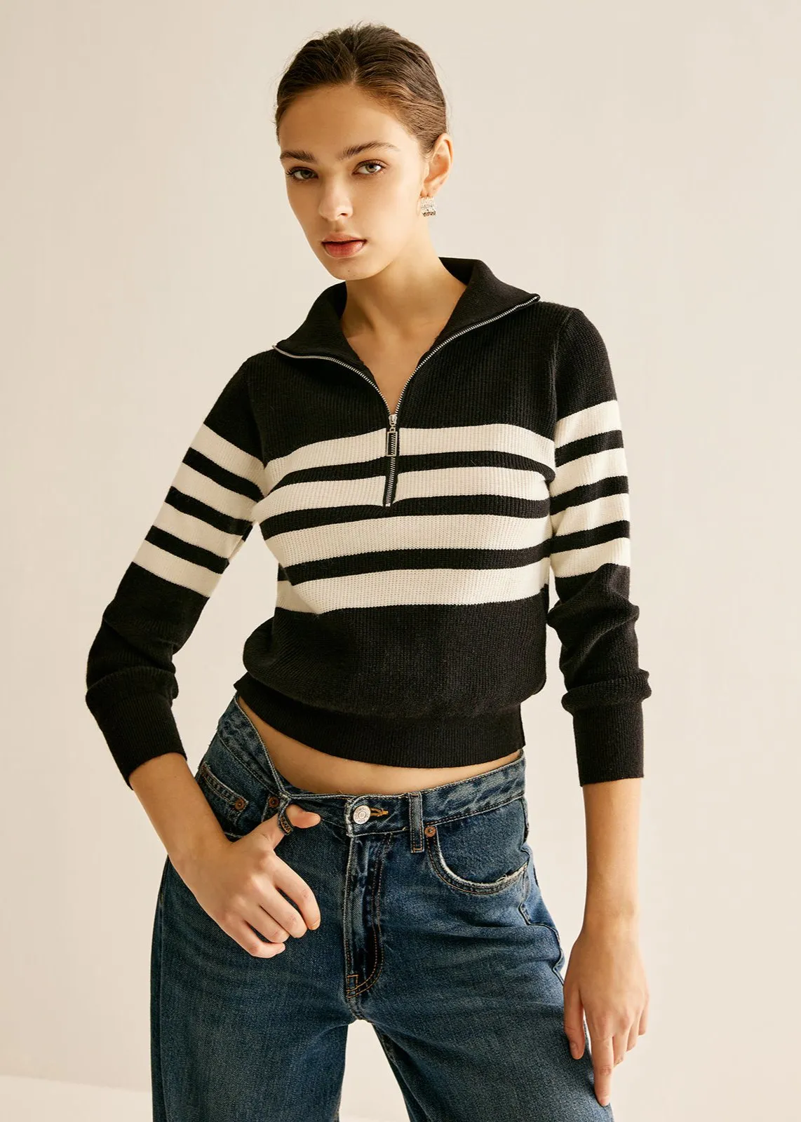Zipper Striped Knit Sweater - Modern Casual Look